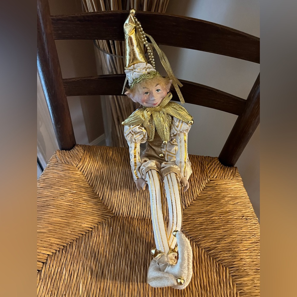 Vintage HARLEQUIN Jester Christmas Theme Golden Porcelain Doll Elf